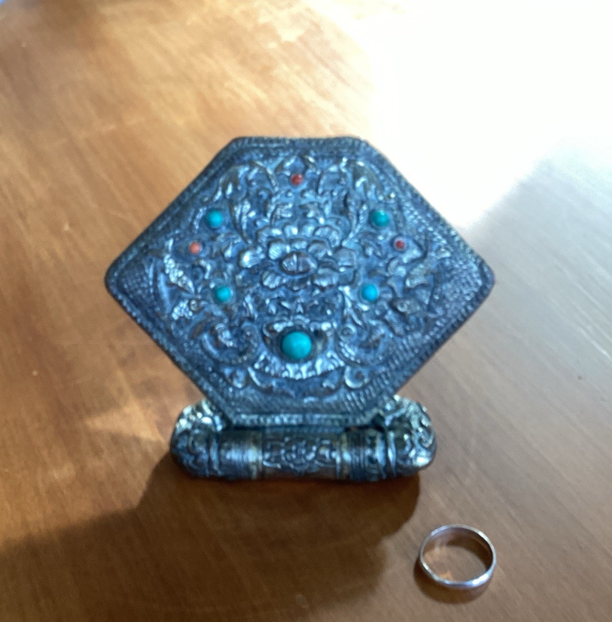 Authentic Vintage 1970’s Tibetan folding shrine mirror (Melong)  from Nepal