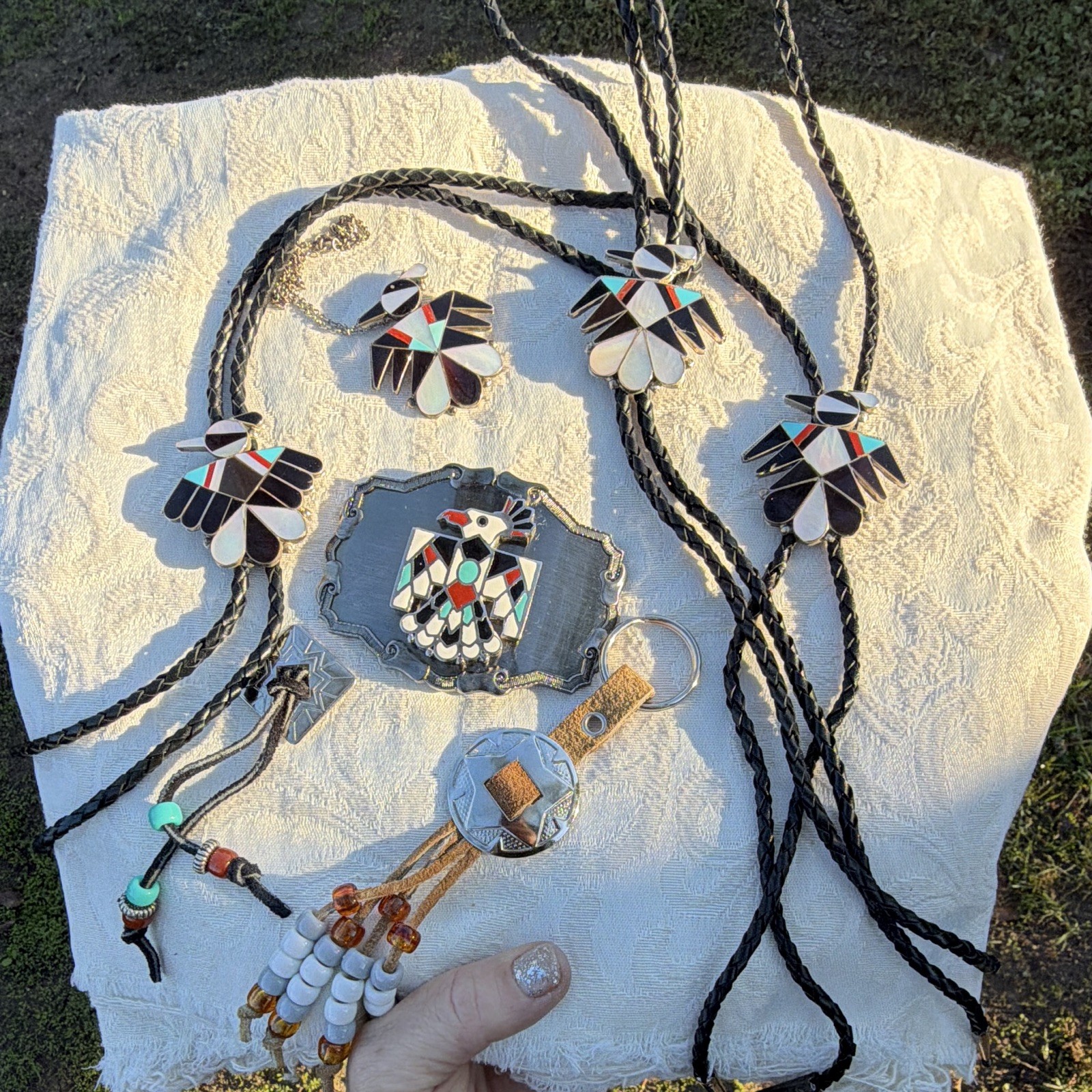 Vintage 1970s Southwestern Thunderbird Western 7-Pc Lot - Buckle, 3 Bolos, Fobs
