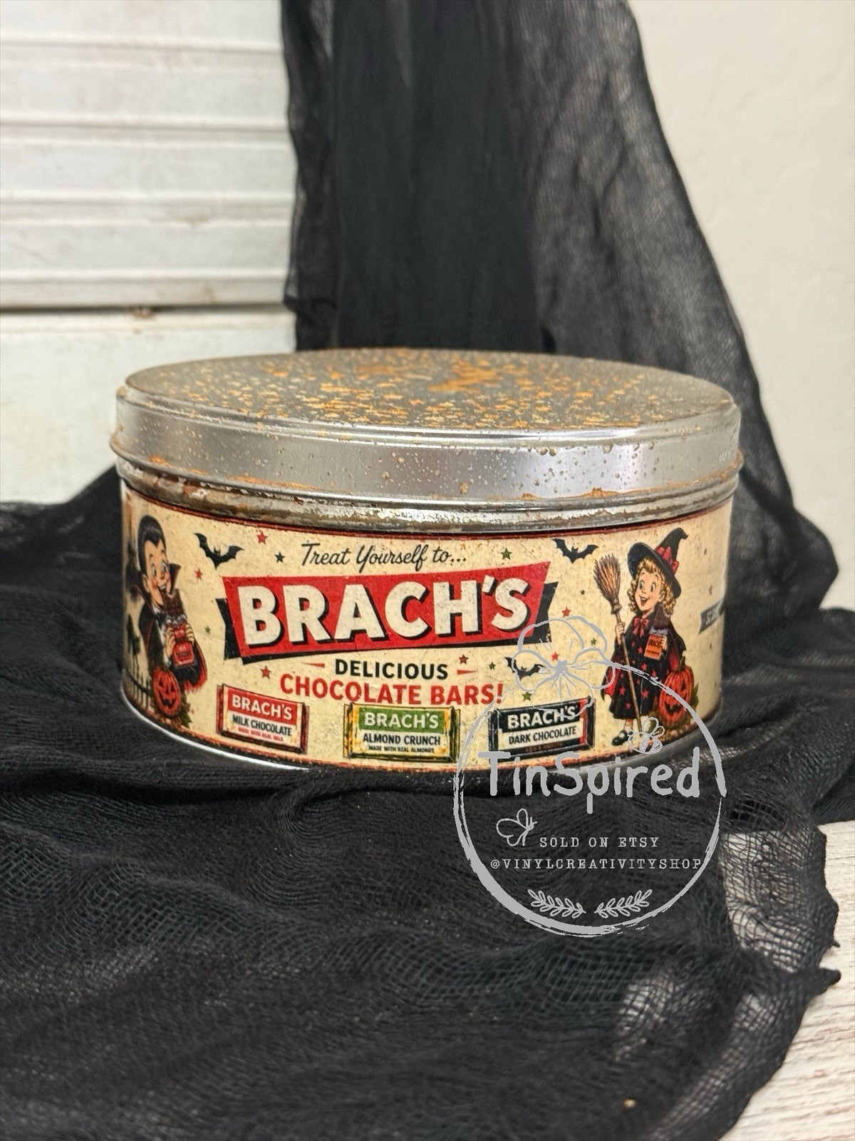 Vintage Inspired Halloween Candy Tin Primitive Rustic Distressed Metal Decor