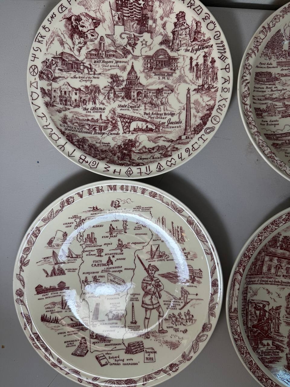 Vernon Kilns US States Souvenir Plates Vintage Red Transferware Old Inns Set 5