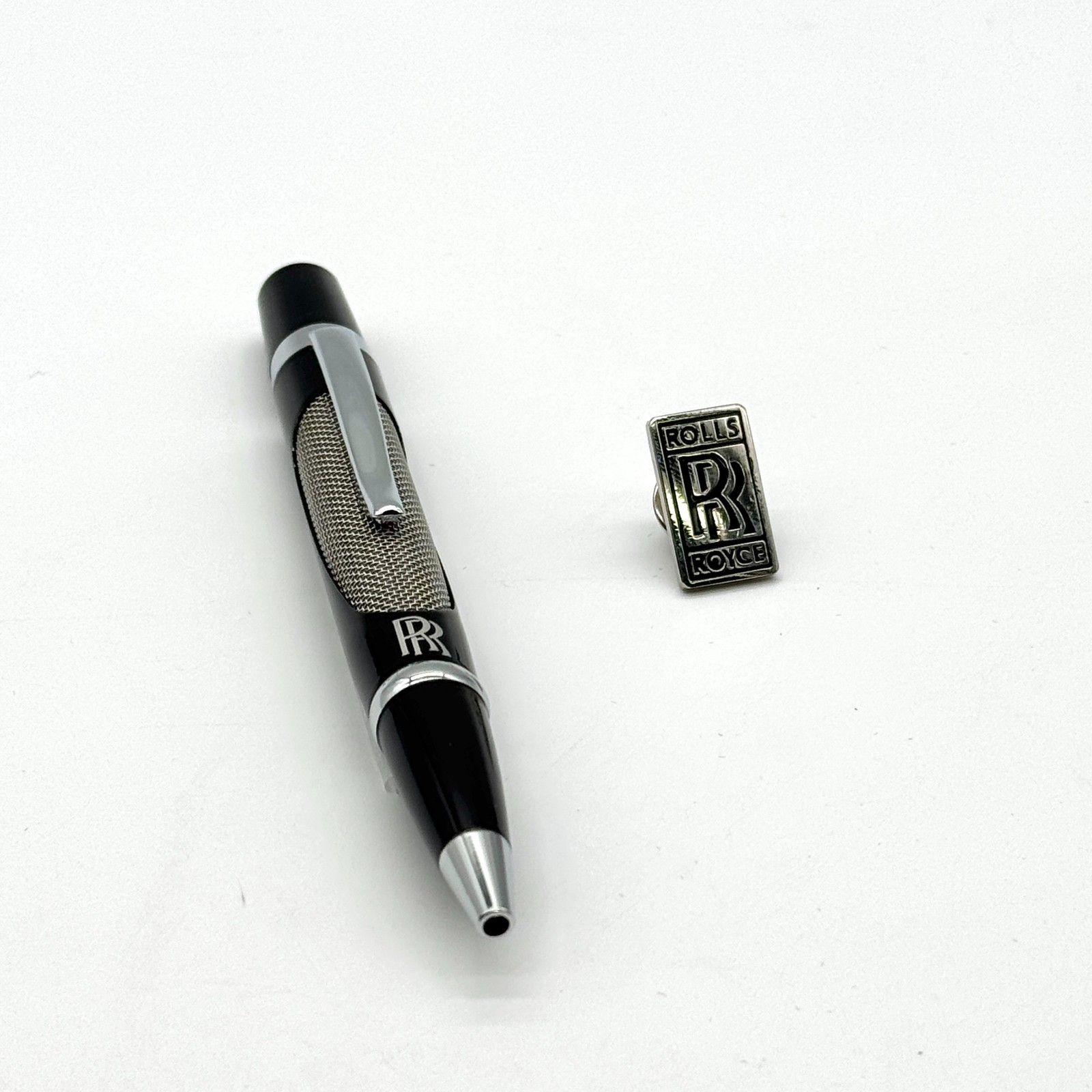 Rolls-Royce RR Logo Ballpoint Pen & Lapel Pin Set Black Chrome Collector Gift