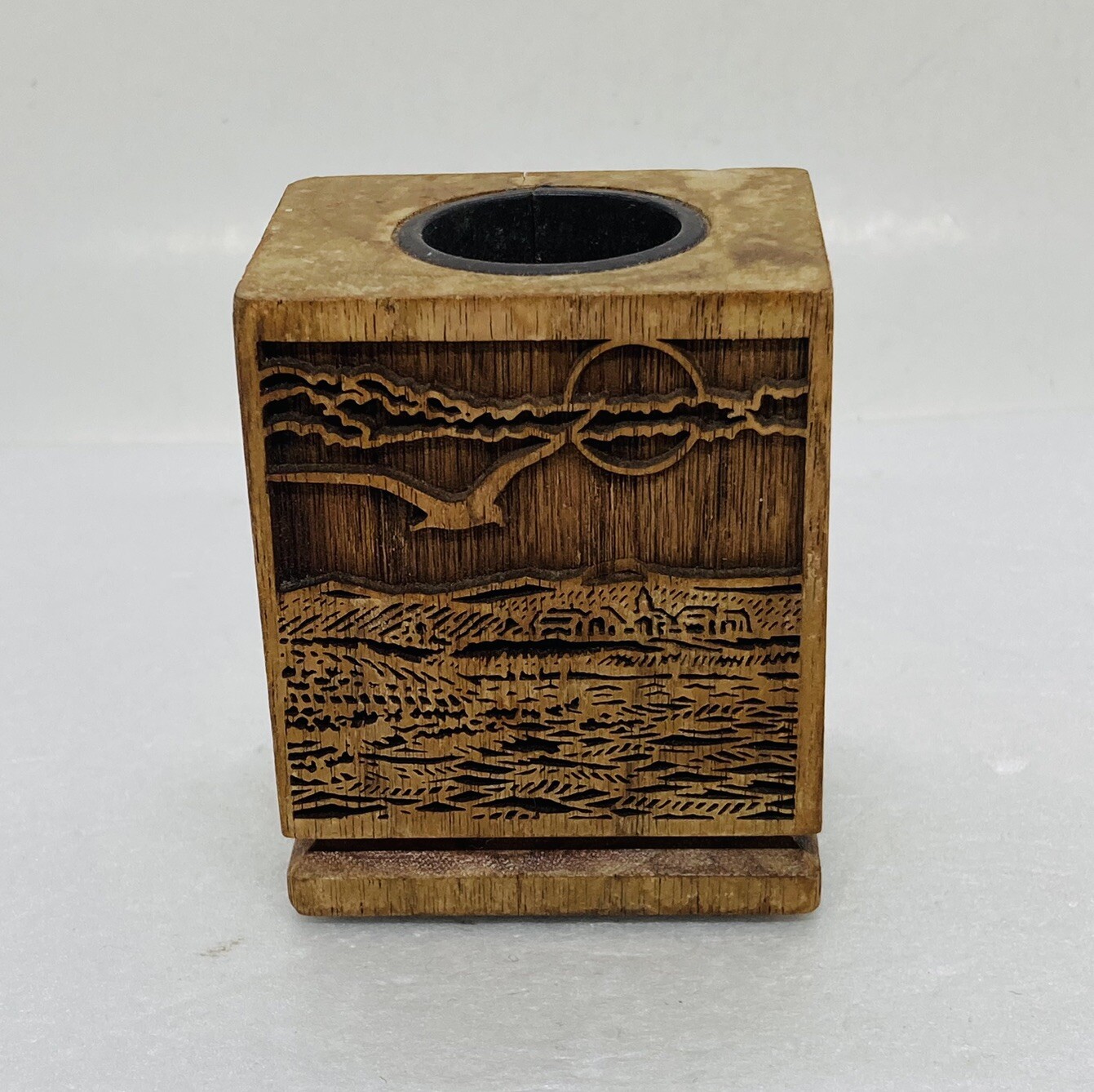 Vintage 1980s Carved Wooden Pen Holder Flying Bird Village Sky Ocean Art 31