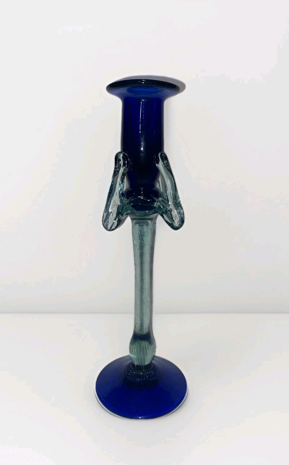 Vintage Baijab Russian Colblt Blue Handblown Glass Candle stick / Candle Holder