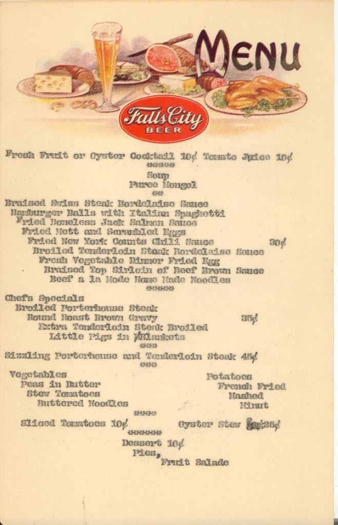 PRE-PRO? OLD FALLS CITY BEER Sheet Menu NICE COLOR $.35 Cent PORTERHOSE STEAK