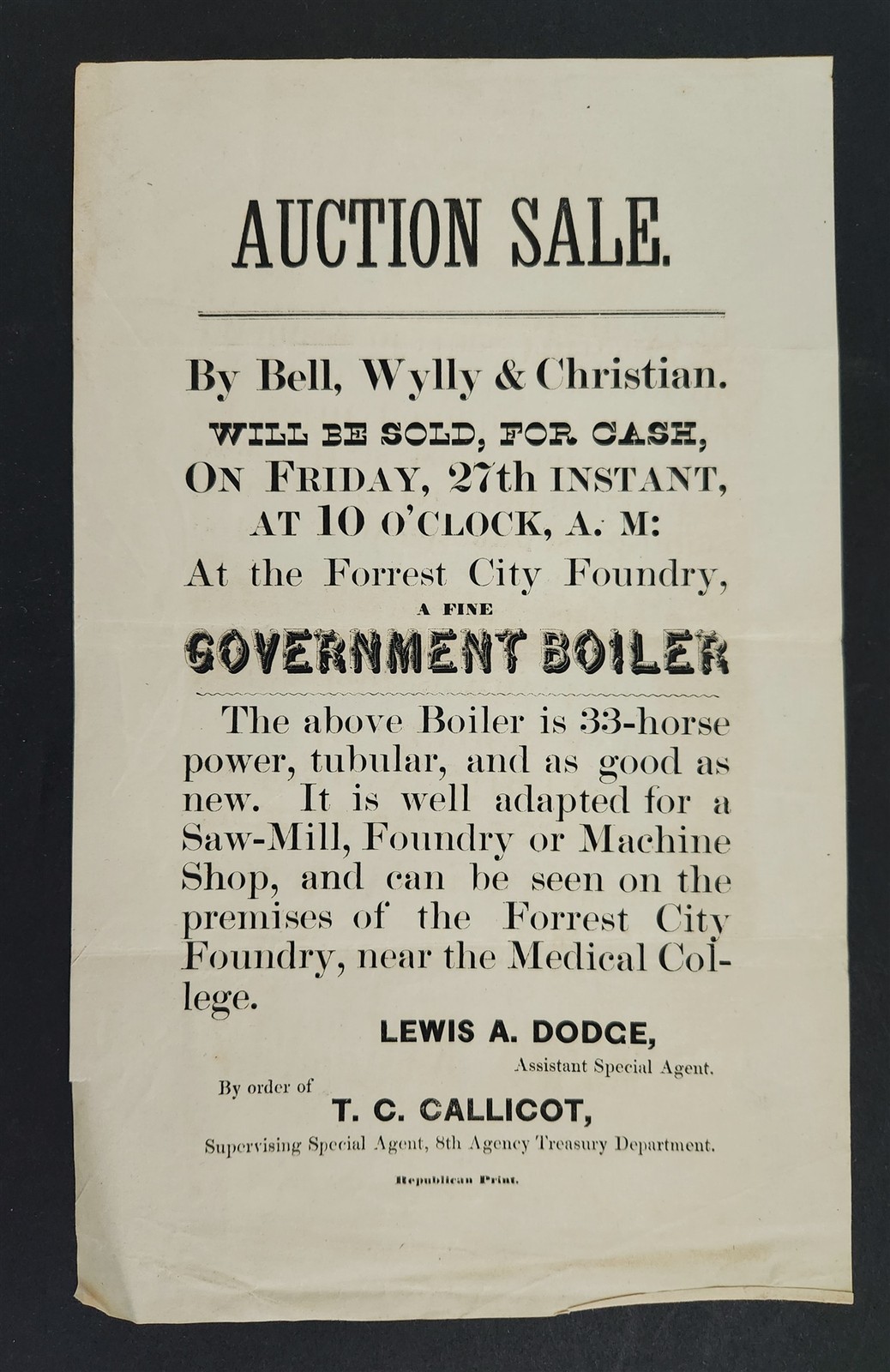1800s antique AUCTION sale BROADSIDE FORREST CITY FOUNDRY georgia or ohio BOILER