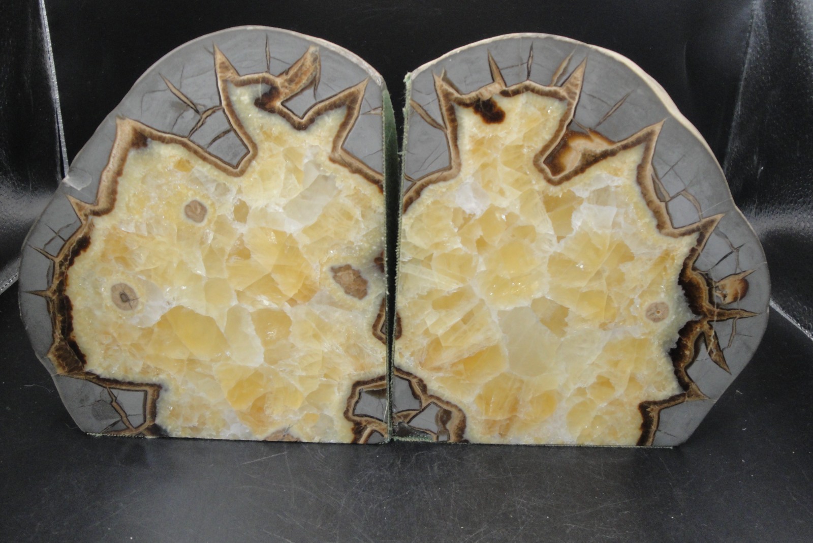Pair of Septarian Nodule Bookends Calcite Crystal Fossil Stones,  Polish Smooth