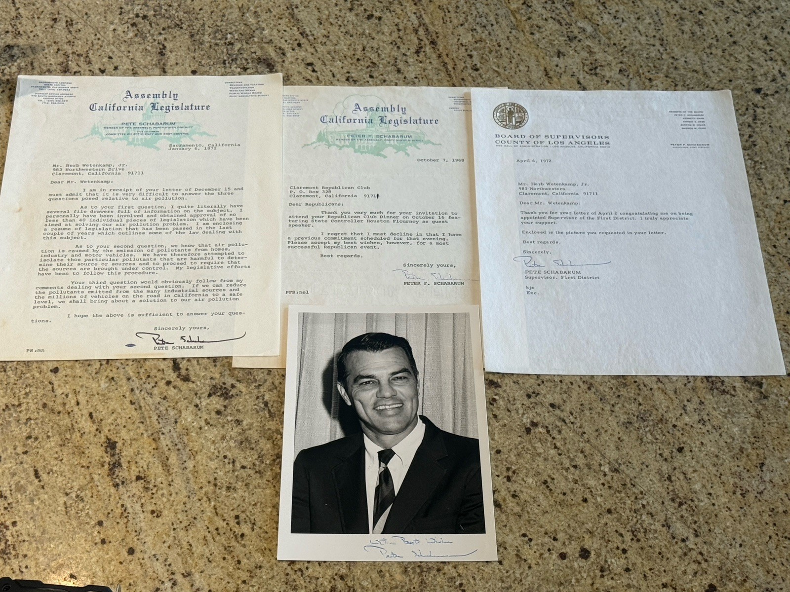 1972 PETER F. SCHABARUM LOS ANGELES COUNTY SUPERVISOR 1ST DIST 8X10 PHOTO LETTER
