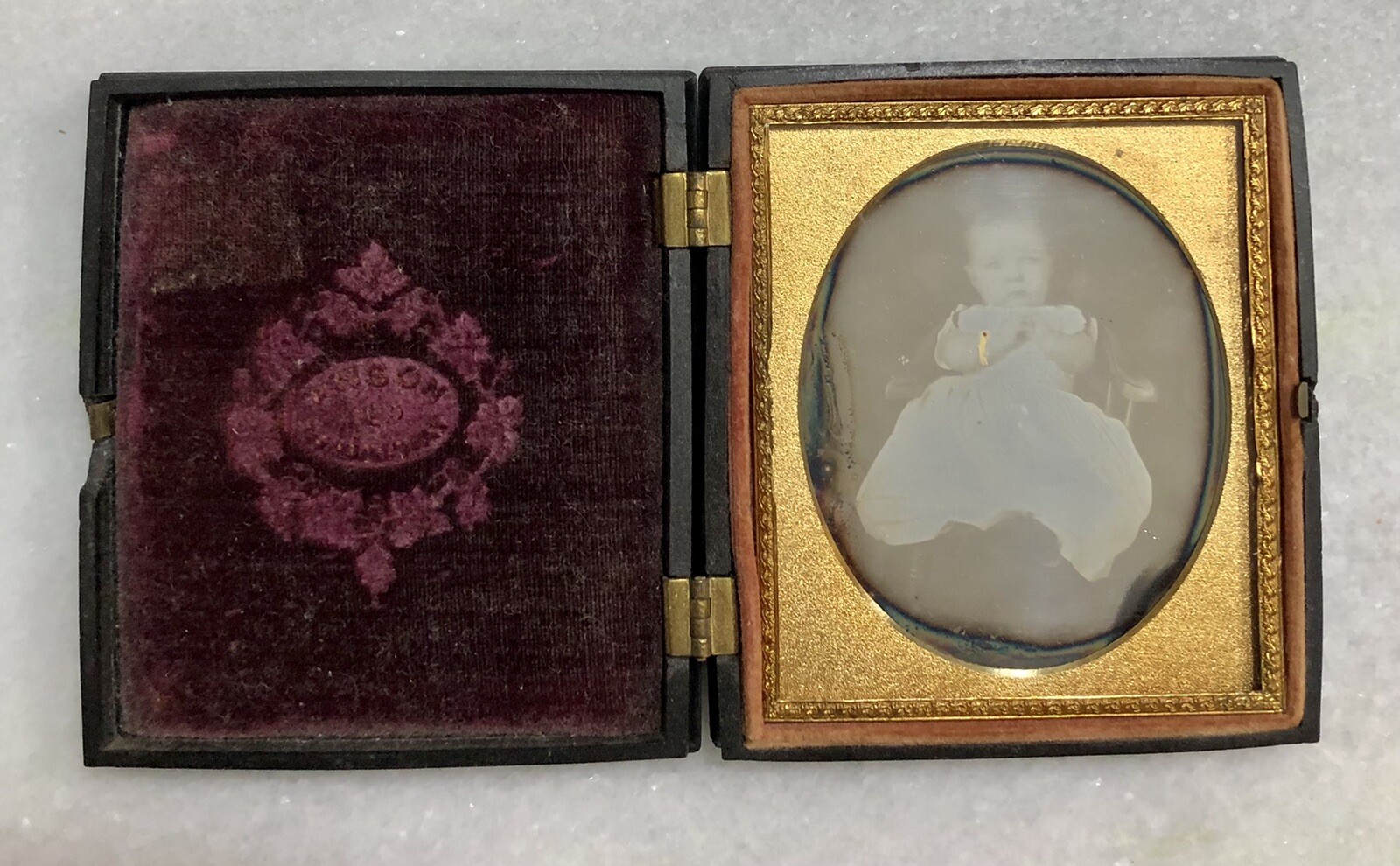 ANSON Cute Baby Wearing Painted Gold Bangle New York 1800s Daguerreotype Photo