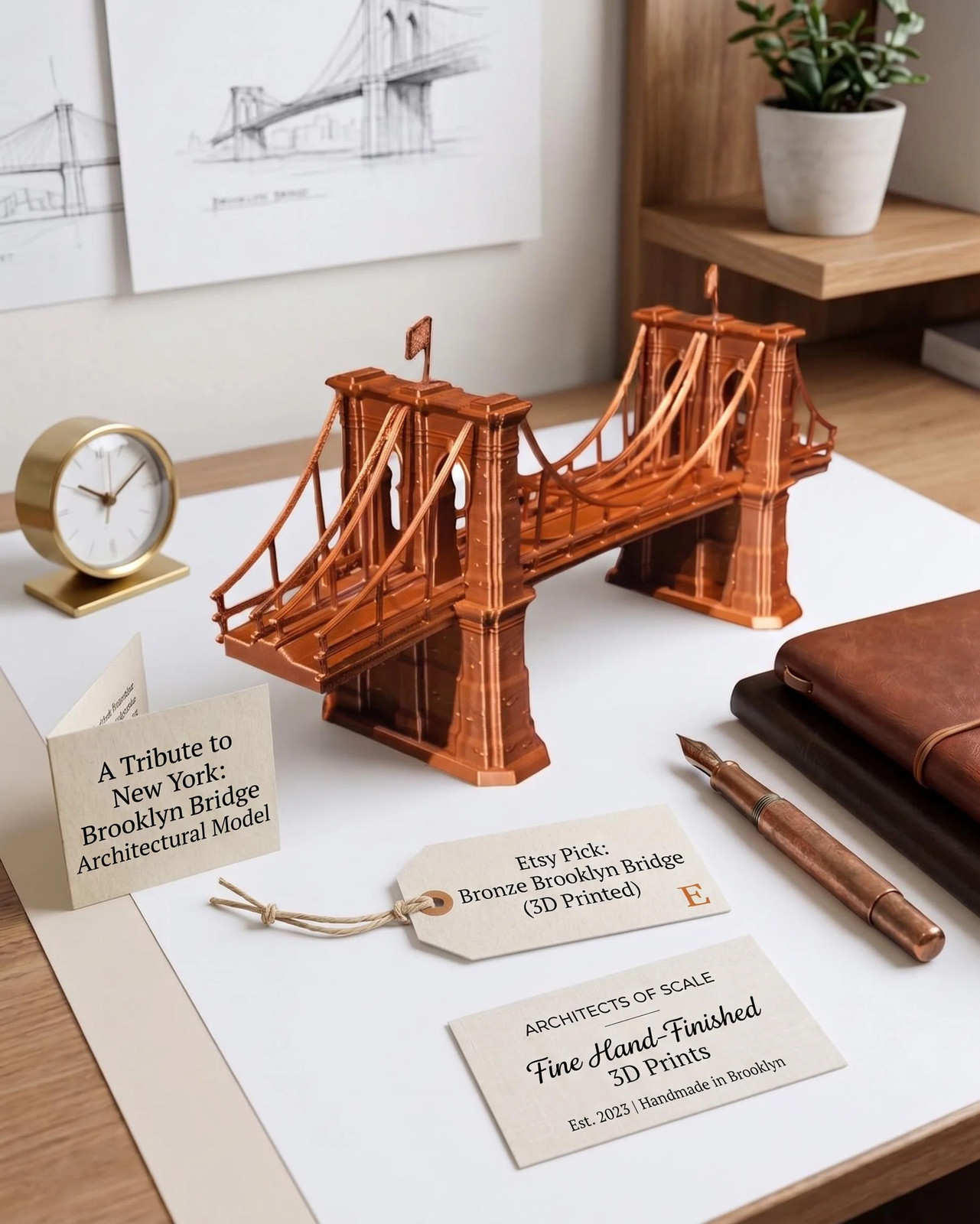 Hand-Finished 3D Printed Brooklyn Bridge Model, Metallic Bronze NYC Landmark Re