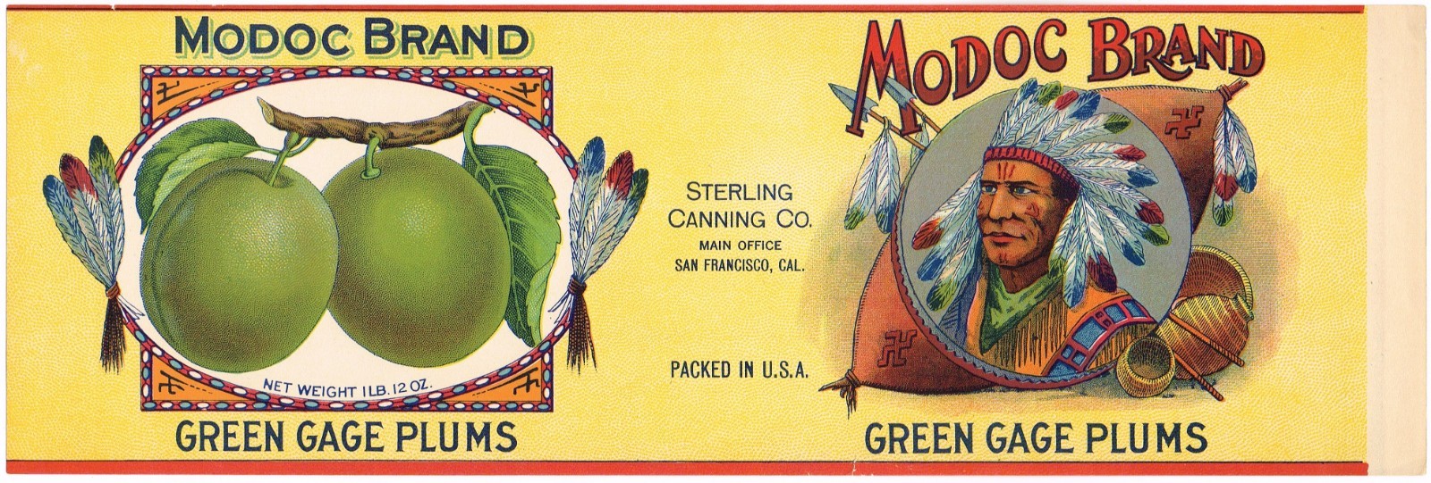 ORIGINAL C1910S VINTAGE TIN CAN LABEL MODOC GREEN PLUM NATIVE AMERICAN INDIAN B