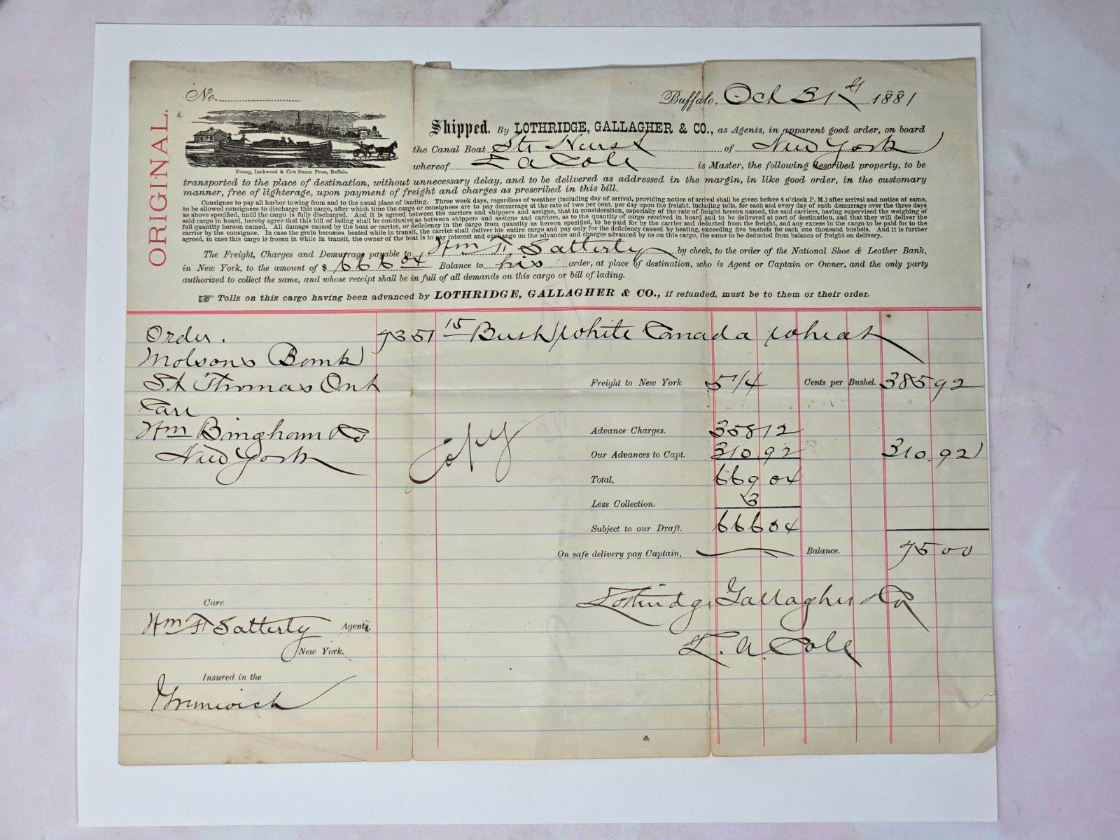 1881 Bill Head, Erie Canal Steamer Hurst, NY. Shipping Receipt, Lothridge co.