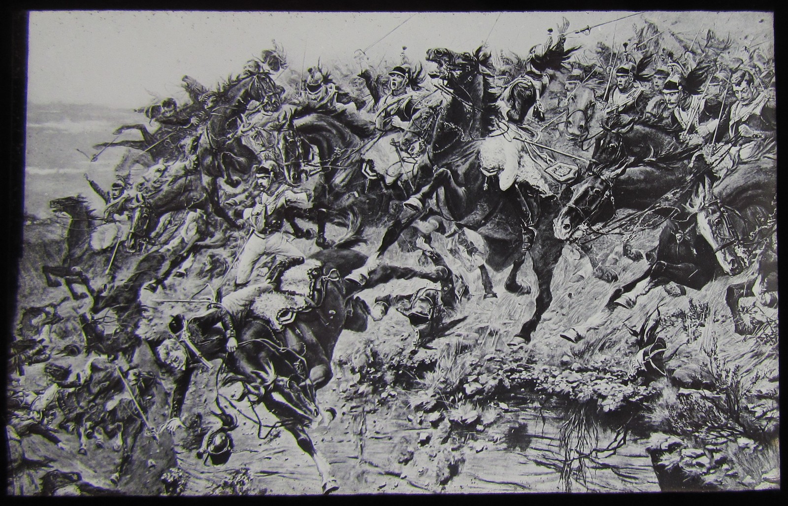Glass Magic Lantern Slide CAVALRY SOLDIERS CHARGING OVER A CLIFF C1900