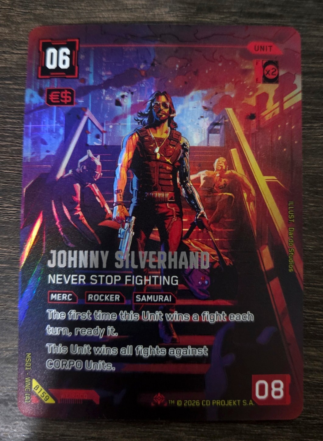 Cyberpunk 2077 TCG Johnny Silverhand Never Stop Fighting B159 Secret ART RARE