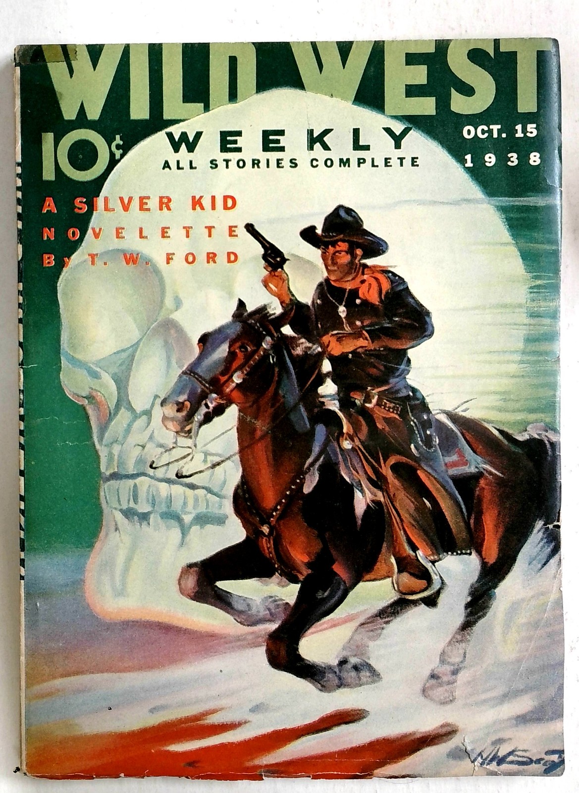 Wild West Weekly   Oct 15  1938 -  Silver Kid with Skull background cover by HW