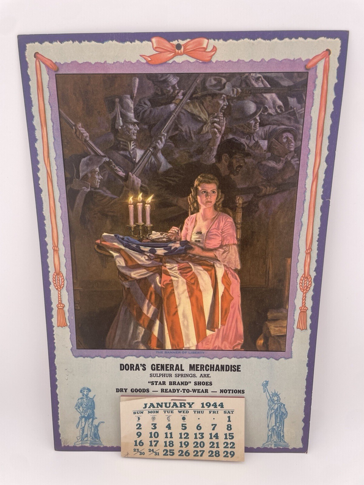 Vintage 1944 Calendar ~The Banner Of Liberty~Dora’s General Merchandise 13.5”x9”