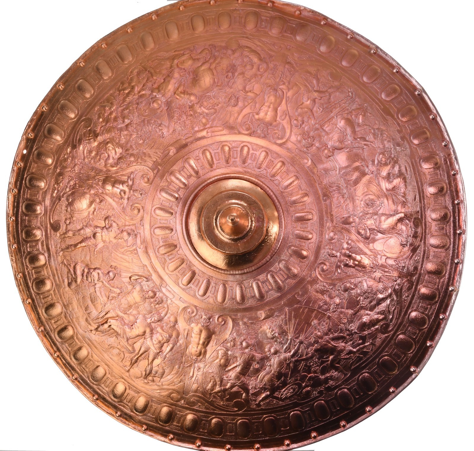 19th CENTURY BRASS COPY OF THE CELLINI SHIELD ON DISPLAY IN WINDSOR CASTLE.  722