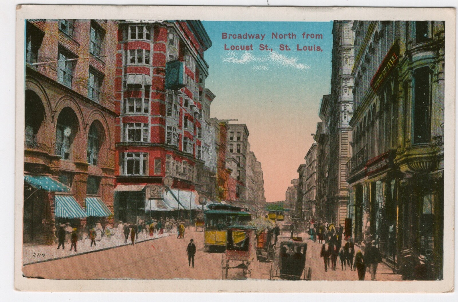 St Louis MO Missouri Vintage Postcard Broadway Street Scene Streetcar Buggies