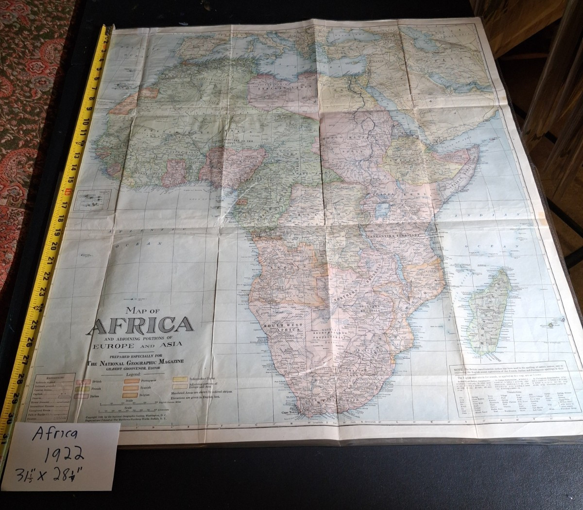 RARE antique 1922 AFRICA  map National Geographic original 31.5
