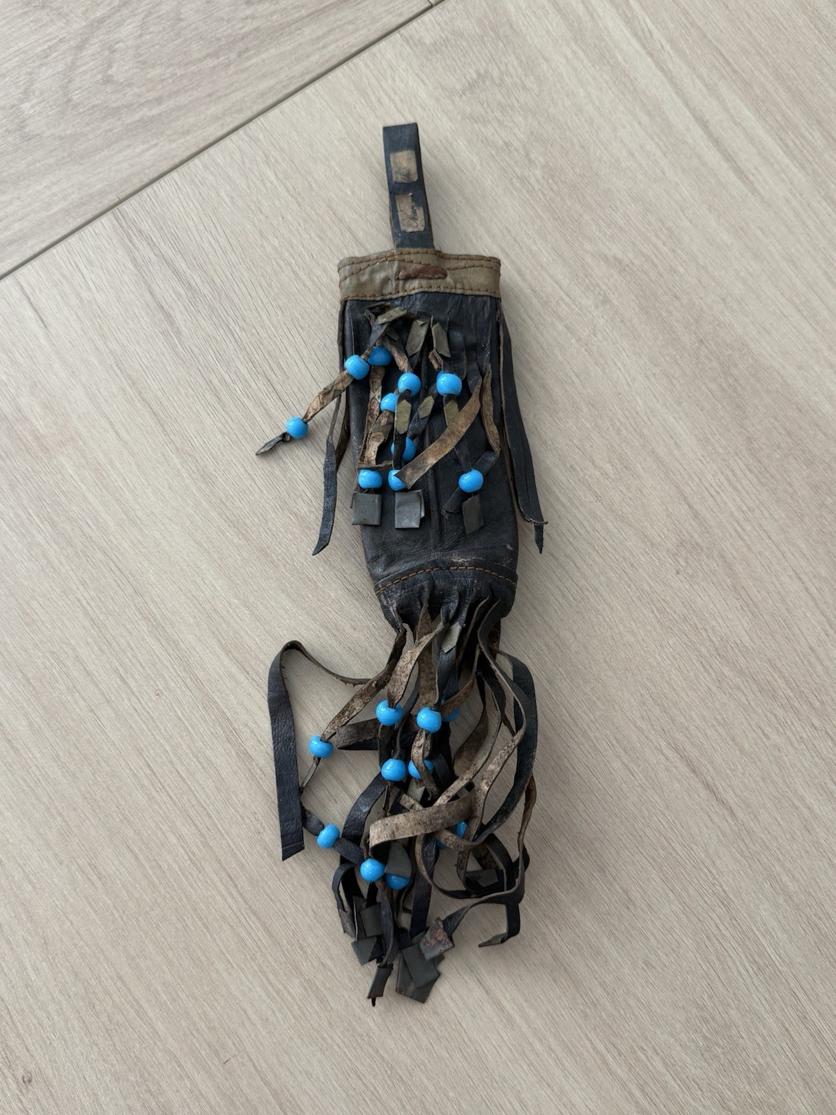 Vintage Handcrafted Leather Fringe Pouch Bag Blue Glass Beads Old Paper Label