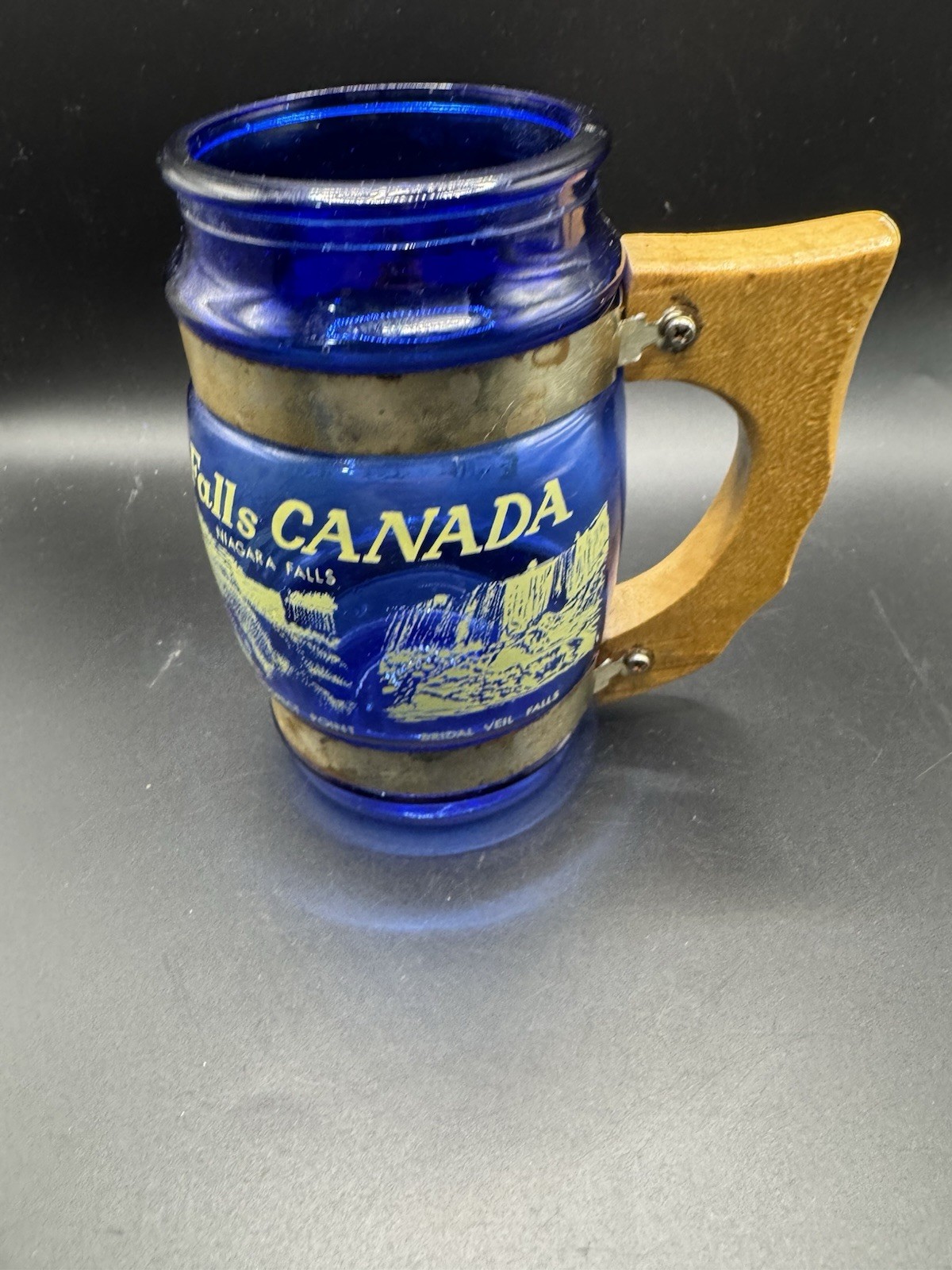 Vintage Cobalt Blue Glass Barrel Mug Niagara Falls Canada Wooden Handle Souvenir