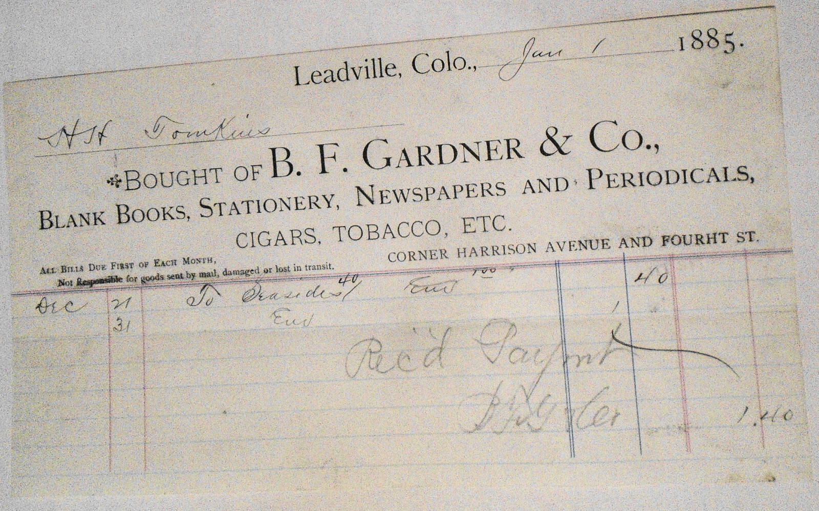 1889 Billhead receipt,  B. F. Gardner & Co., Stationery, etc  Leadville Colorado