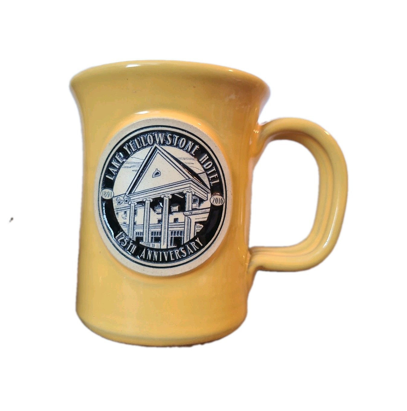 Deneen Pottery Mug hand Thrown Lake Yellowstone Hotel Stoneware Yellow Travel