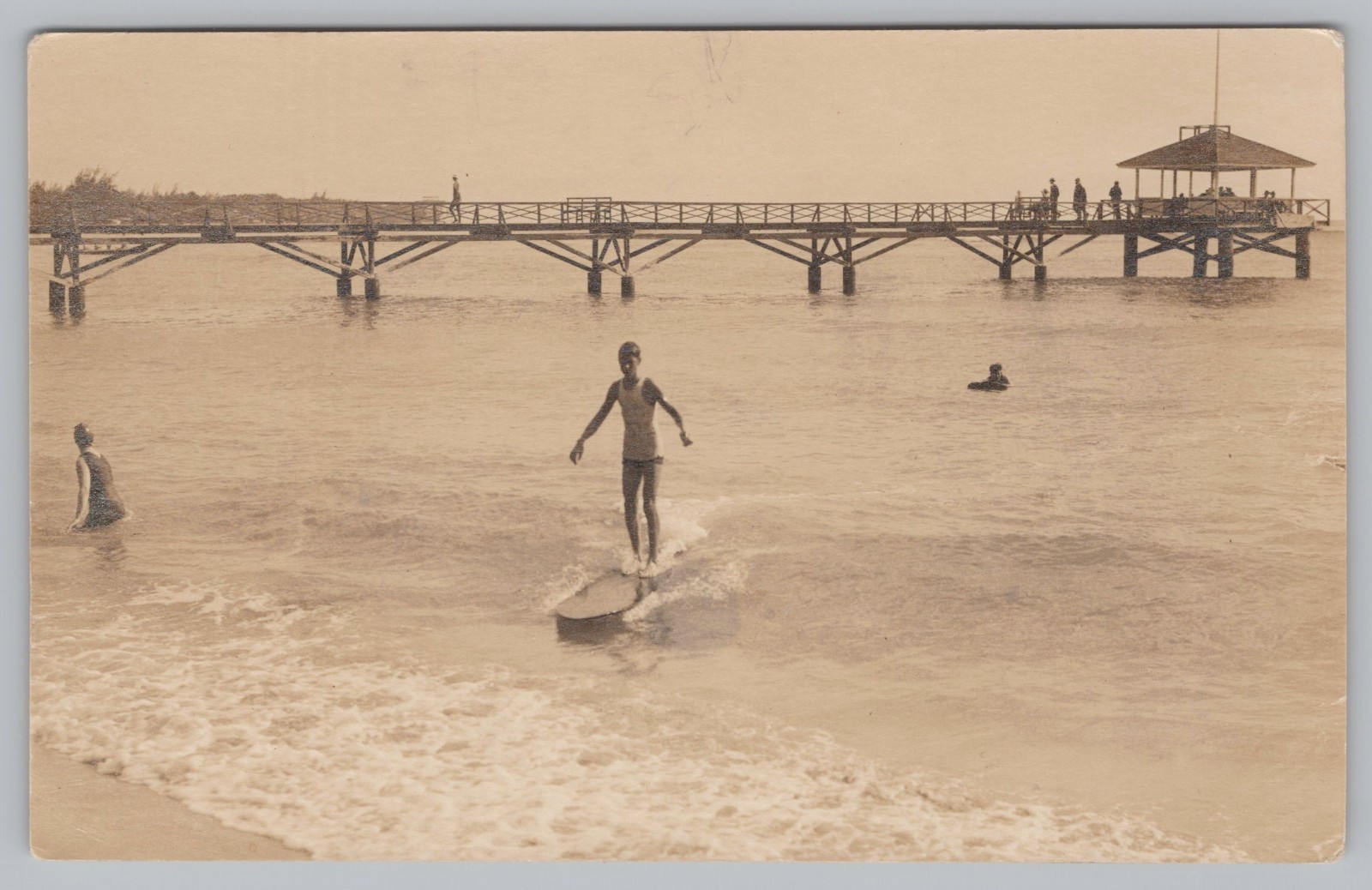 RPPC Native Surfer Moana Pier Waikiki Beach Honolulu Hawaii Photo Postcard 1910s