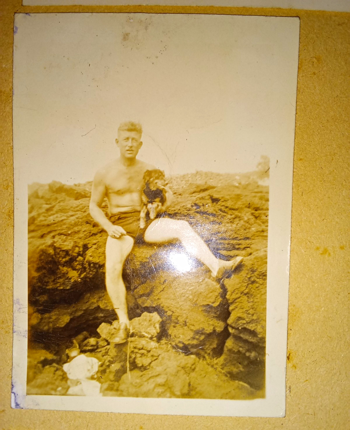 Vtg Sepia Photograph Shirtless Man Seated on Rocks beefcake pearl harbor Hawaii 