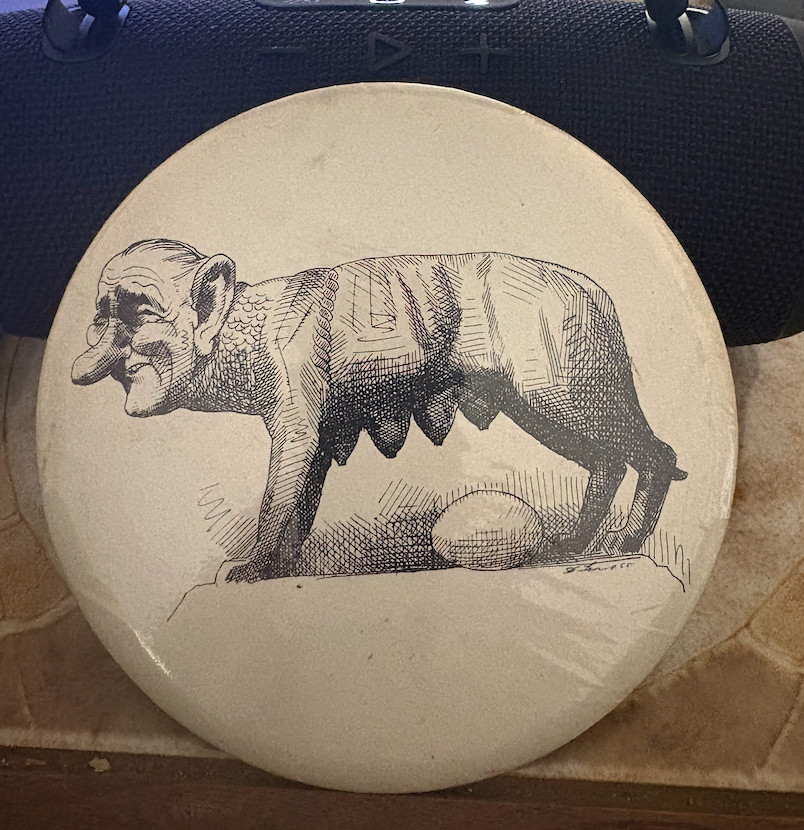 Vintage 1966 LBJ political satire button (She-Wolf) - caricaturist David Levine