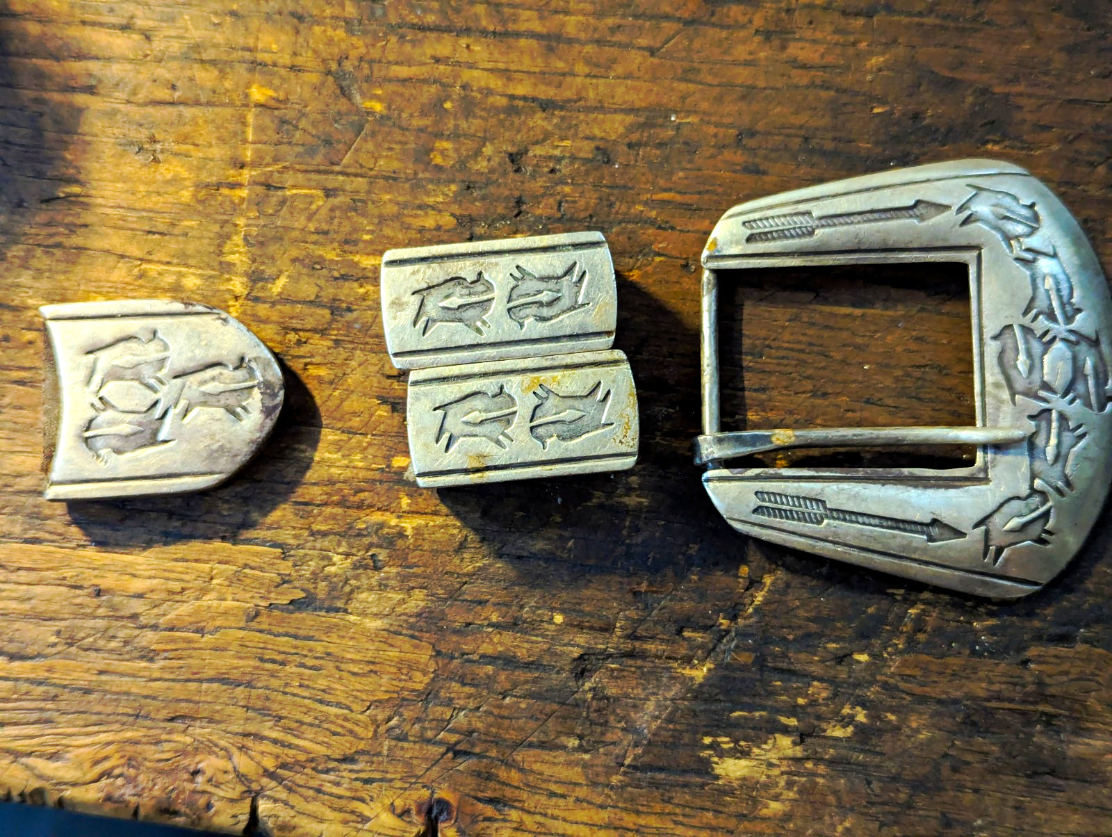 Vintage Old Pawn Heartline Buffalo Native American Silver Belt Buckle Set