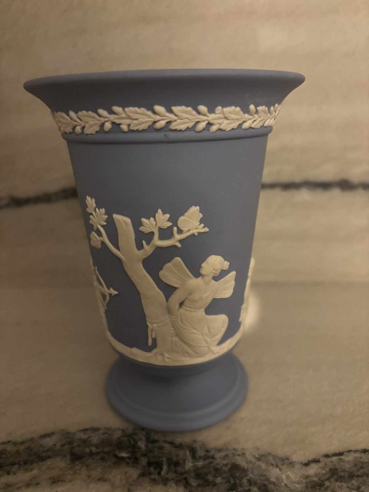 Wedgwood Blue Jasperware Flared Trumpet Pedestal Vase marked Made in England