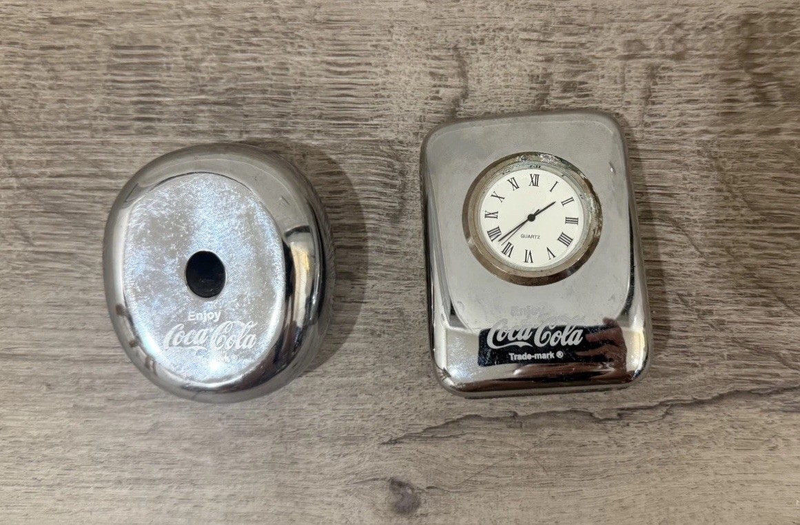 Vintage 1990\'s Coca-Cola Silver-plated Quartz Desk Pen stand + Clock/Paperweight