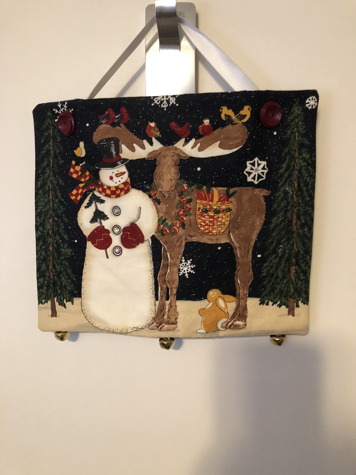 Fabric Handmade Wall Hanging Snowman Moose Sparkly  Buttons Christmas Winter