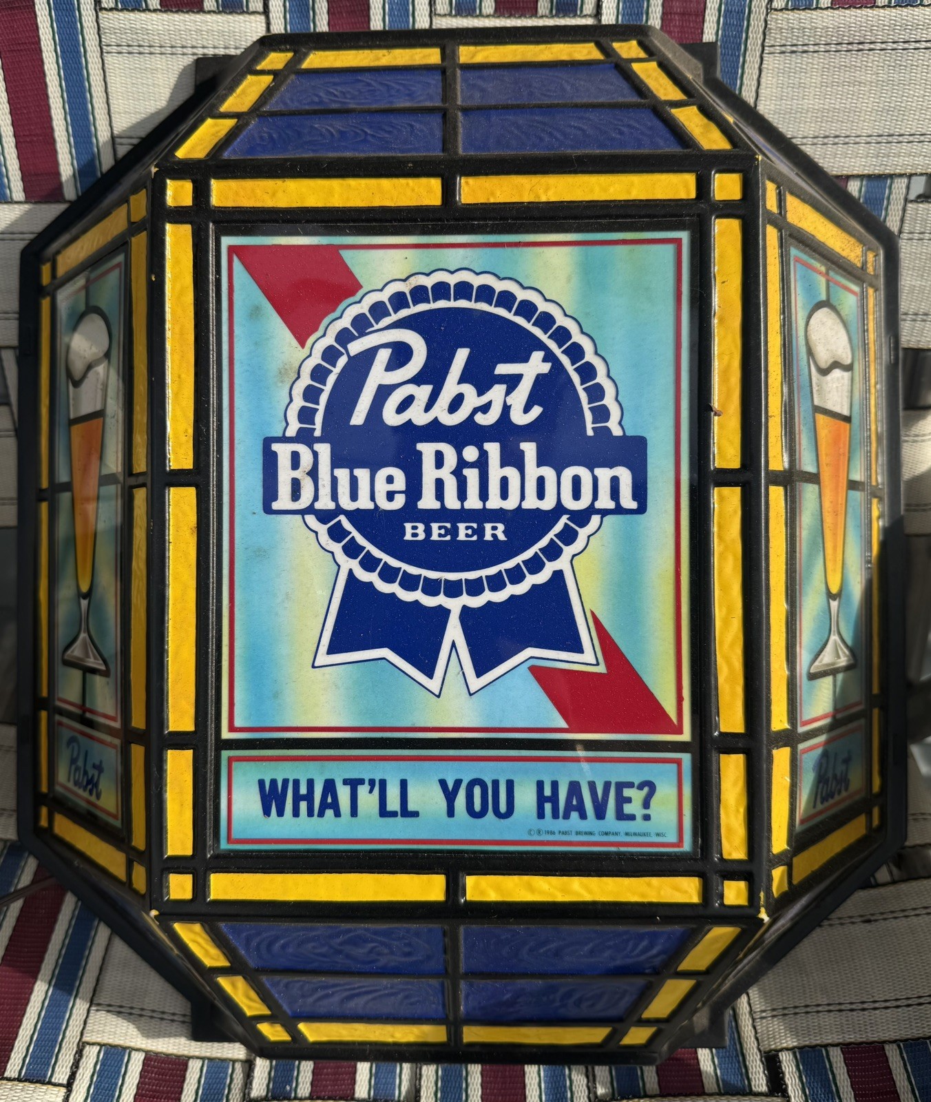 Vintage 1986 Pabst Blue Ribbon Beer Faux Stained Glass Lantern Lighted Sign