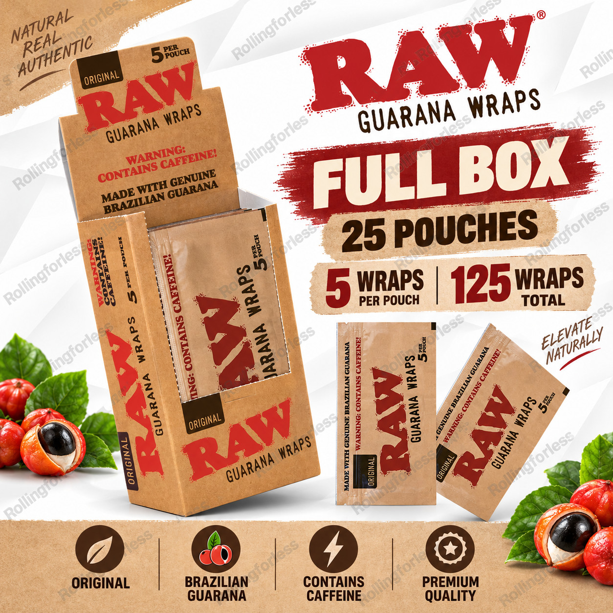 RAW Guarana Wraps Original Full Box 25 Pouches 125 Wraps Brazilian Guarana