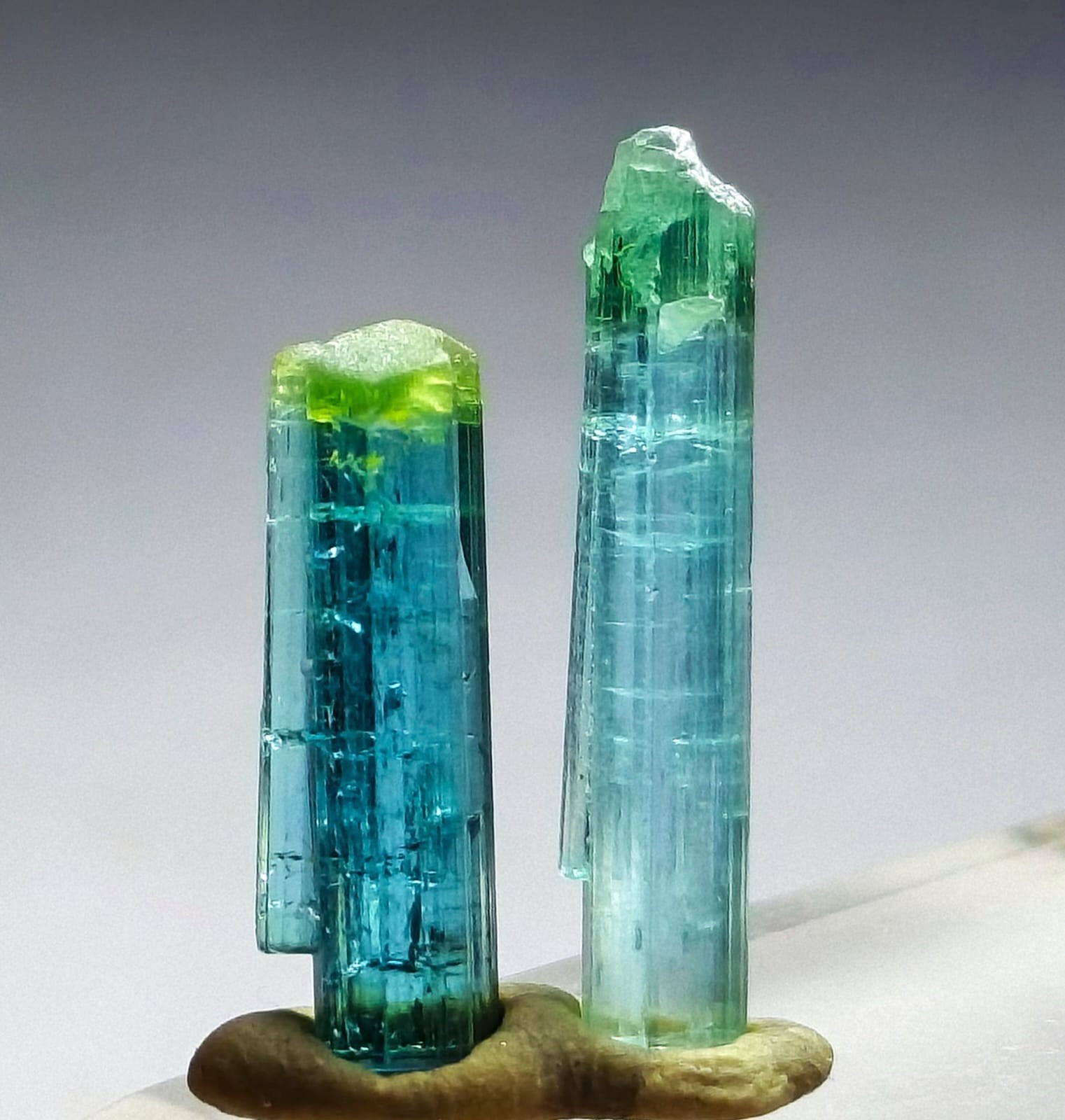 Top Quailty Pair Of Green Cap Neon Blue Tourmaline Crystals Parcel.