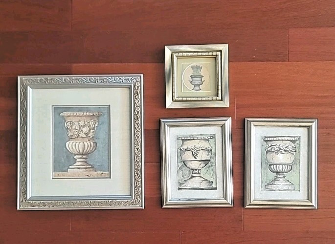 SET of 4 VTG 'SHABBY CHIC' Metallic Picture Frames w/ Grecian Urn Prints-NEW O.S