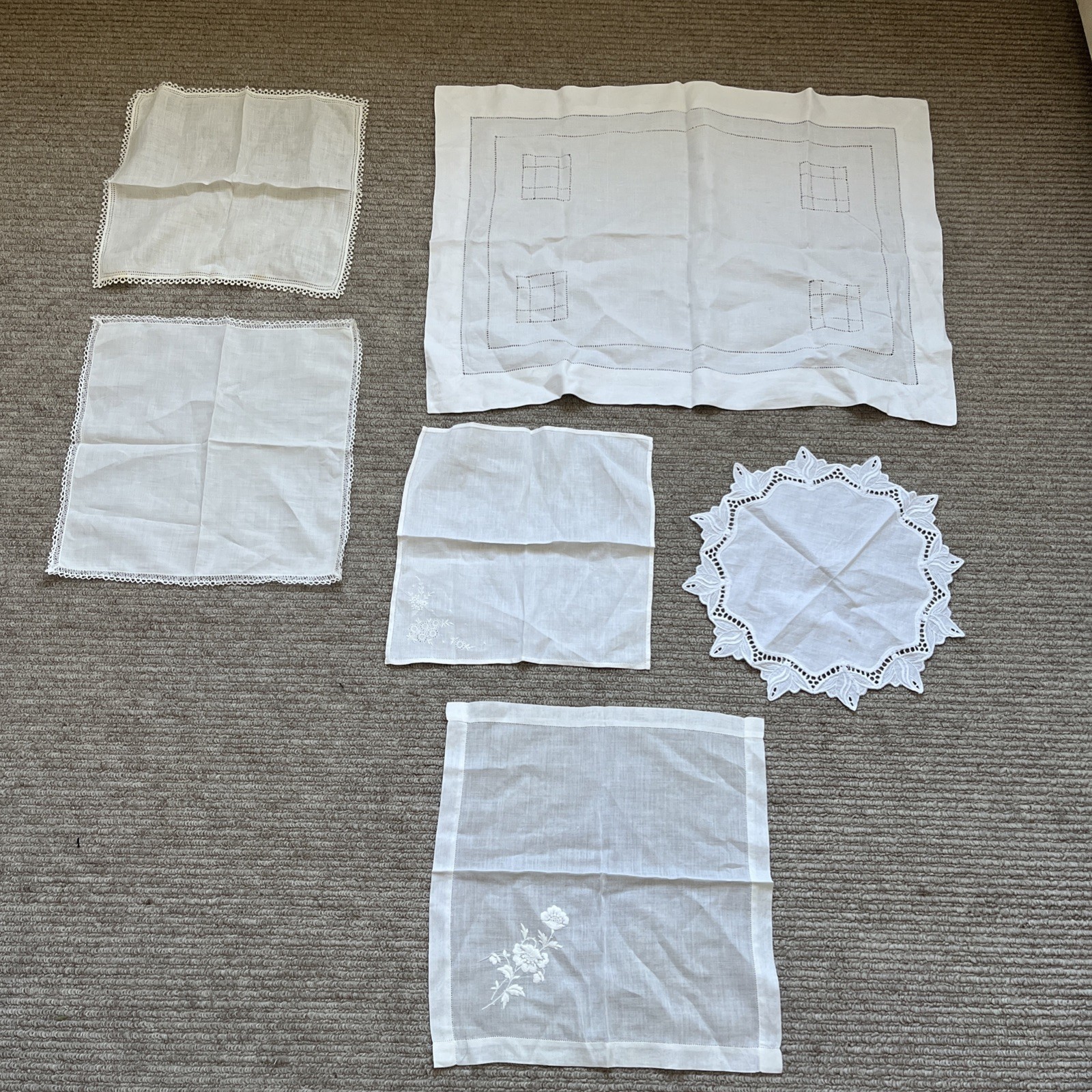 Beautiful Antique Tray Cloth & Doilies Embroidered Lace Square Circle Rectangle