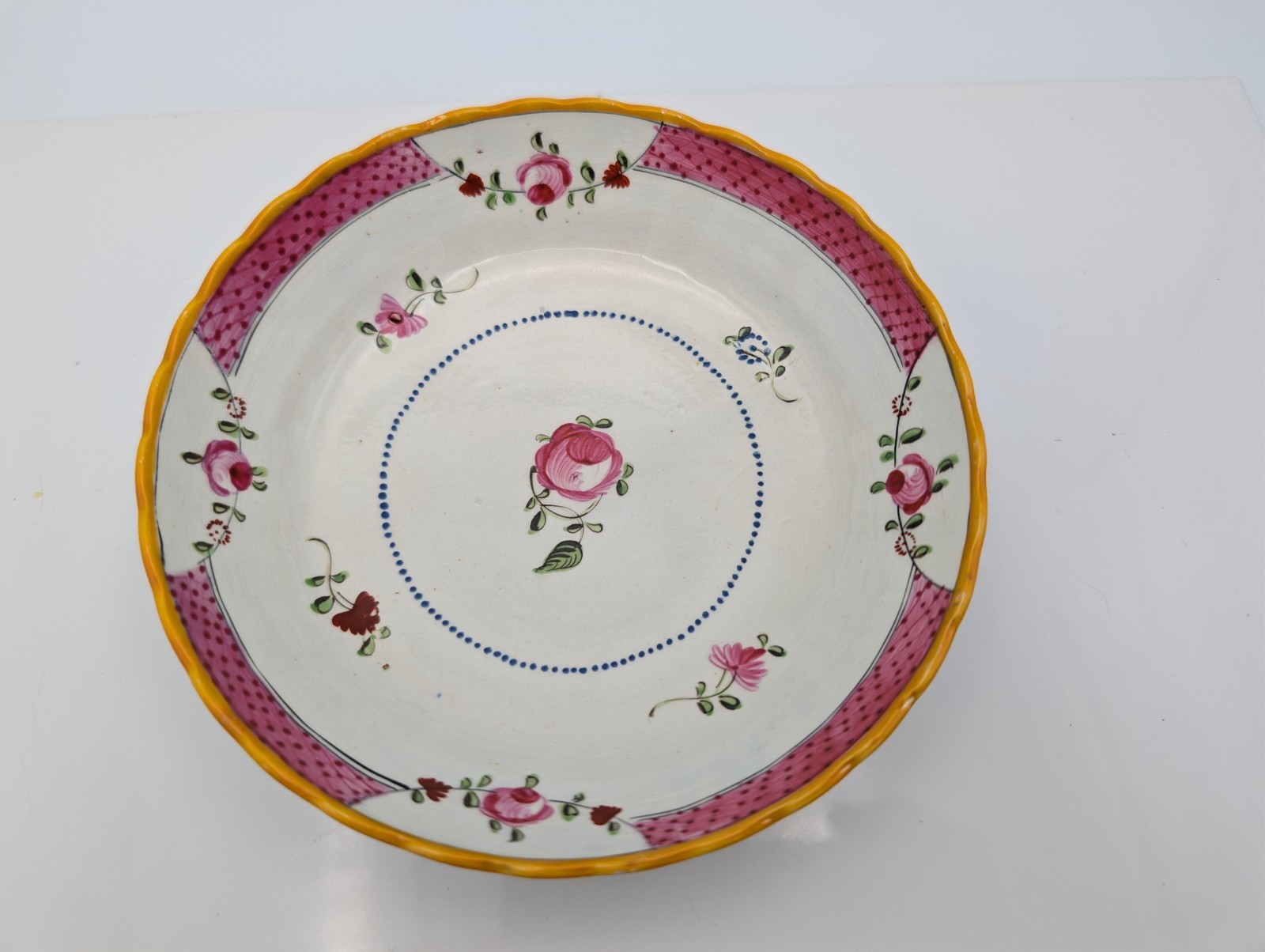Antique English Creamware Bowl Pink Rose Diaper Border 5.5\