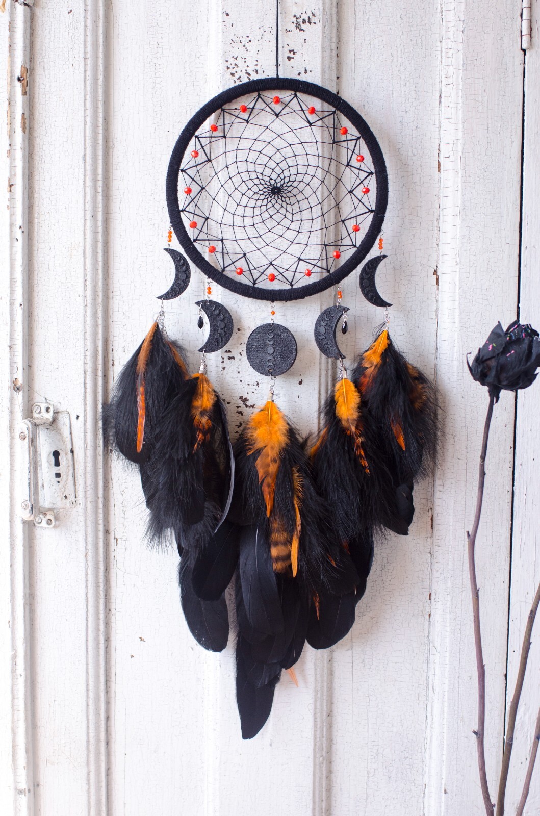 Black Orange Dreamcatcher with Moon Phases - Large Celestial Wall Hanging Decor