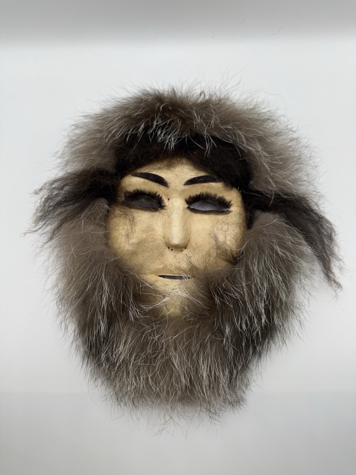 Vintage Alaskan Inuit Skin Mask Real Fur Hide Handmade Folk Art Wall Hanging