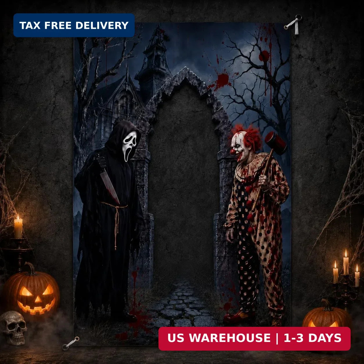 70.9 x 47.2 Inch | Halloween Photo Booth Backdrop, Scary Clown & Masked Killer H 70.9 x 47.2 Inch | Halloween Photo Booth Backdrop, Scary Clown & Masked Killer H
