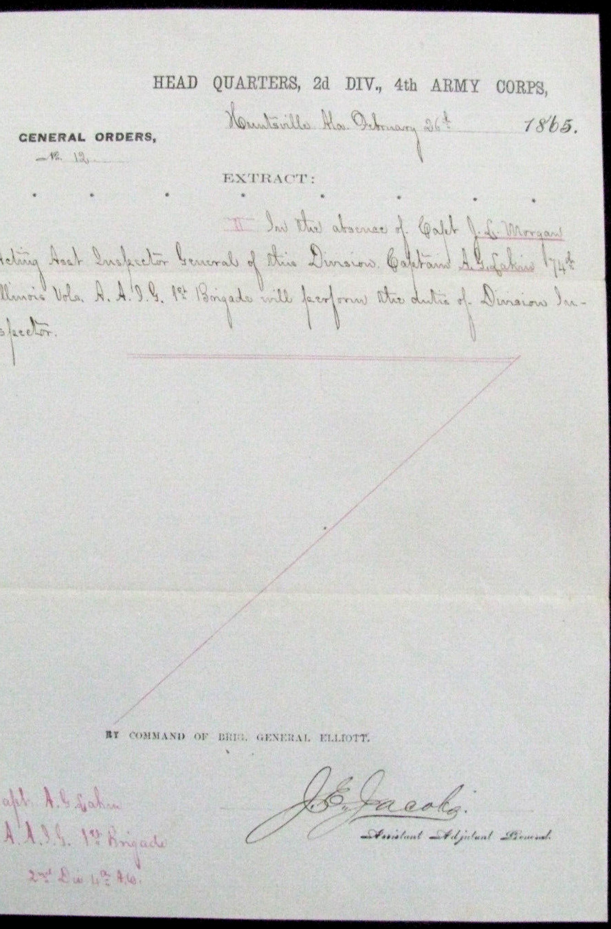 CIVIL WAR HUNTSVILLE ALABAMA 74TH ILLINOIS GENERAL ELLIOTT ORDER 1865