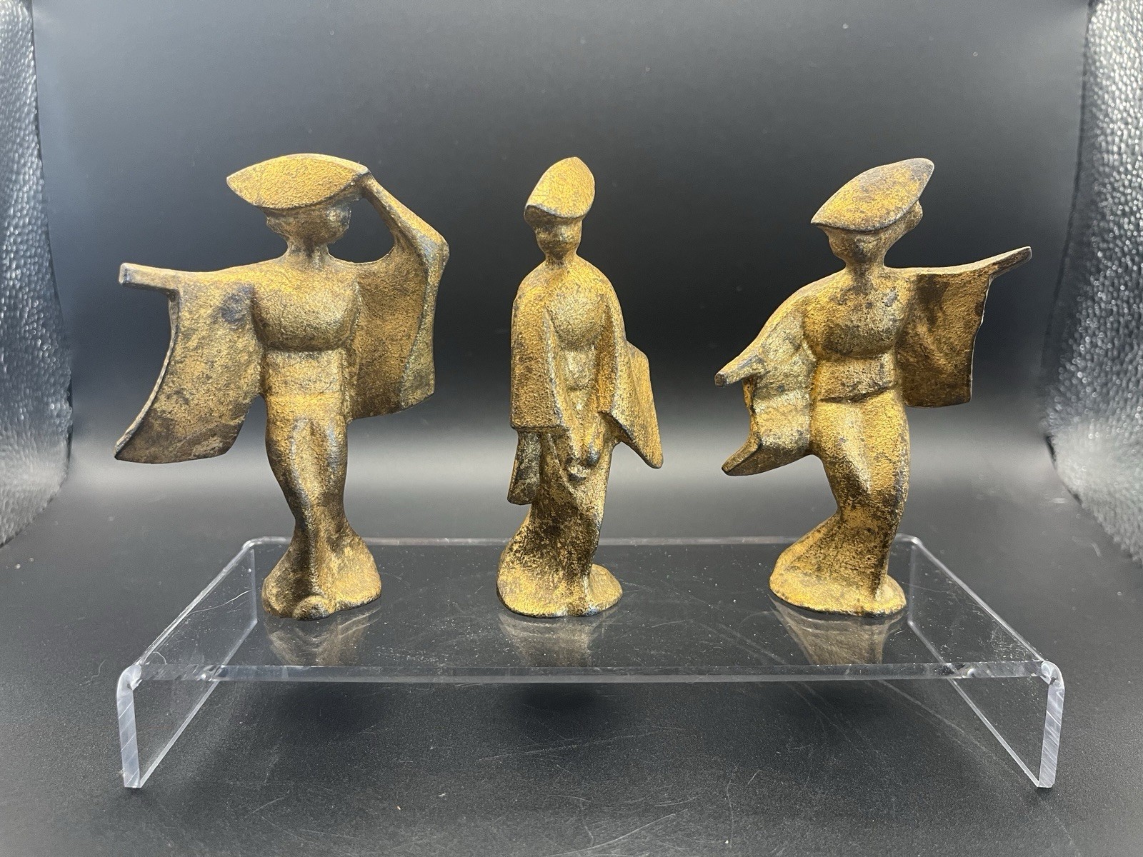 VTG Mcm Cast Metal dancing Geisha Figurines Lot Of 3 Gilted Gold Tone 4\