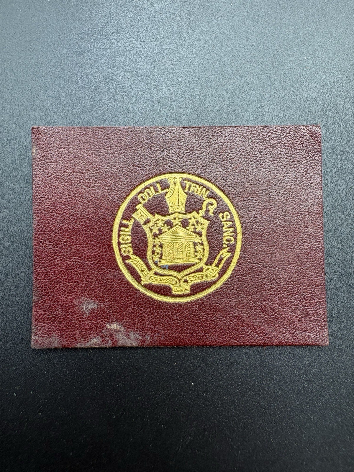 c1910 L20 Trinity College Hartford CT Seal Tobacco Leather Red Gold Antique