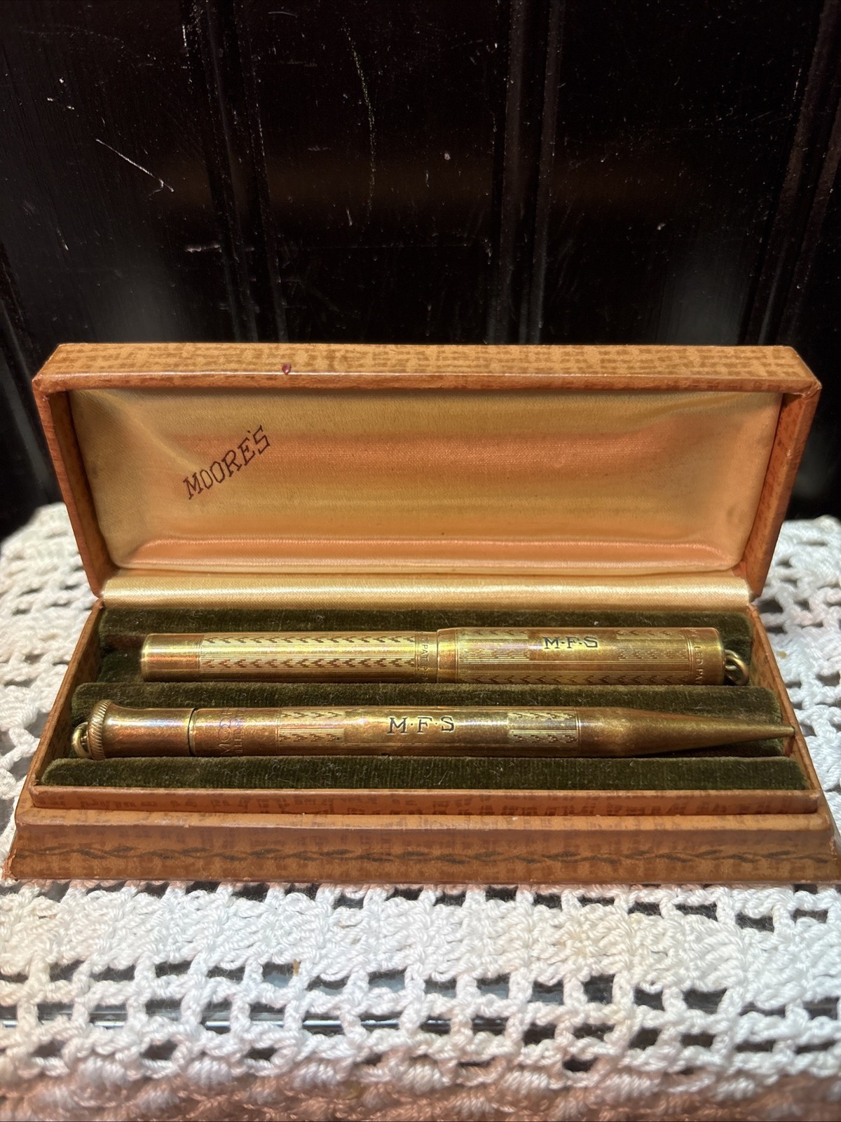1922 Antique Moore’s 18k Gold Filled Dip Ink Pen Mechanical Pencil Gift Box Set
