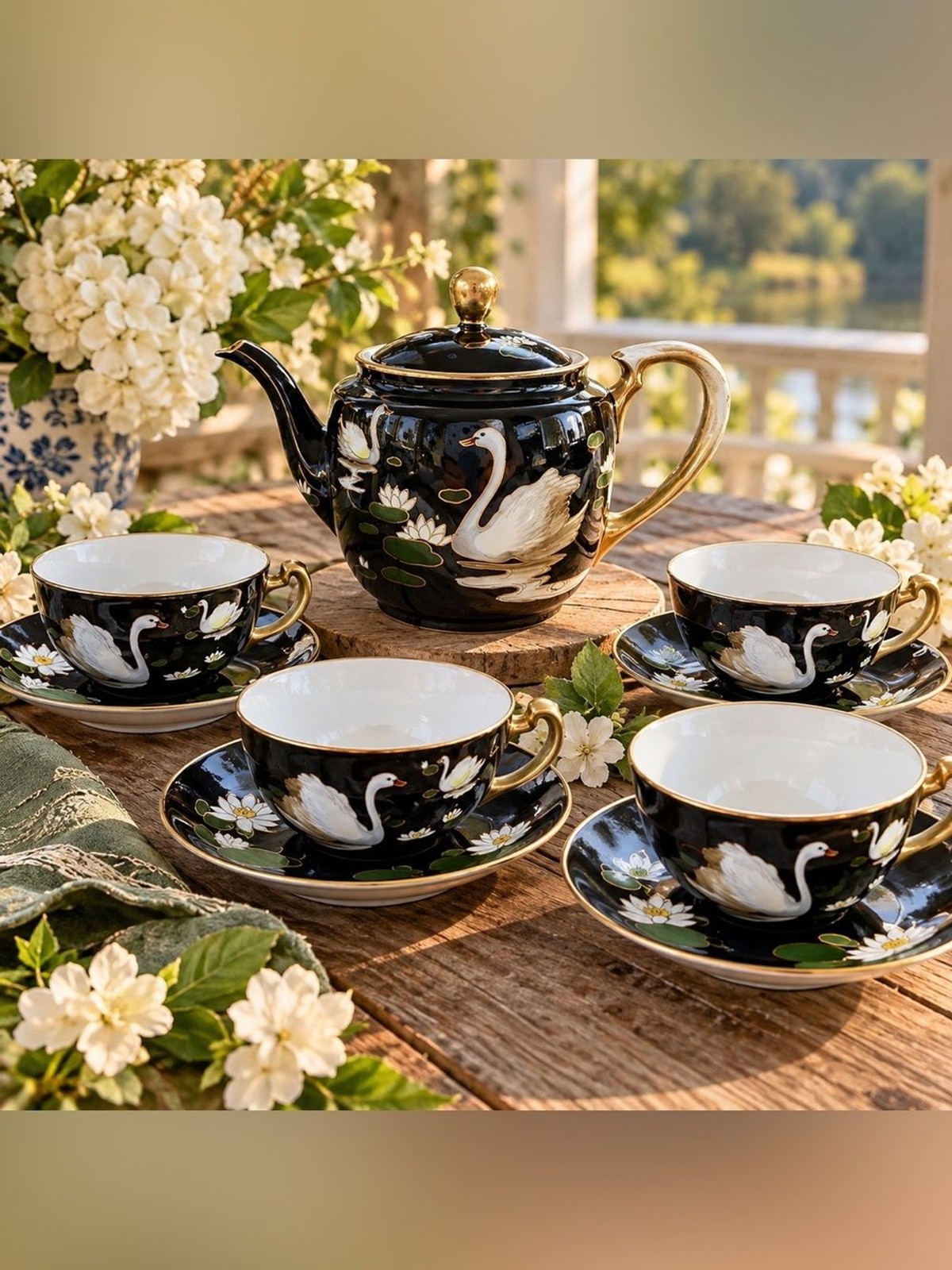 Antique 1911-21 Nippon Morimura Swan Tea Set 9pc Black Gold Hand Painted