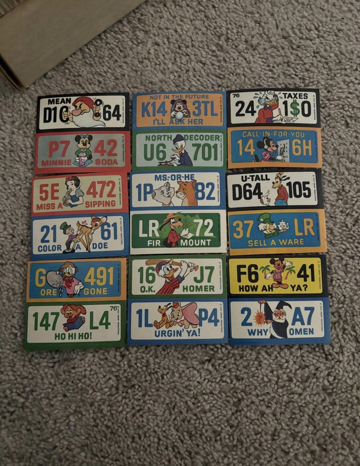 Vintage Lot of Disney Character Mini Novelty License Plate Stickers - 1976