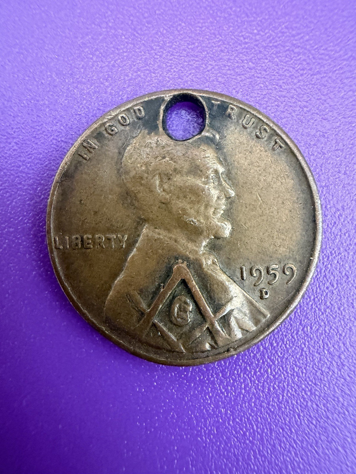 1959 D Lincoln Penny Masonic Love Token Engraved Freemason Coin Hobo Style