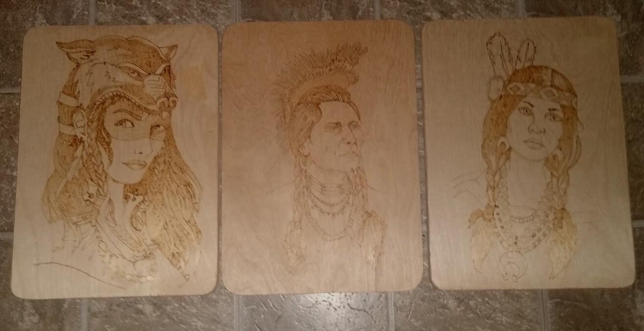 3 BEAUTIFUL Laser Burned Wood Native American Indian Figural Art Plaques